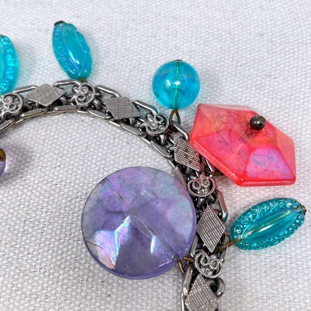 Vintage Chunky Silver Tone Charm Bracelet Purple Pink Blue Acrylic Beads 7.5in